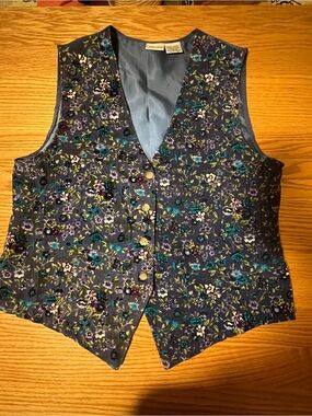 Cabin Creek Vest Womens Large Colorful Floral Blue Button Up Cotton VINTAGE L